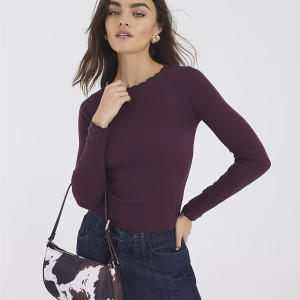 Red Long Sleeve Scallop Trim Top