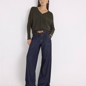 Khaki Knitted V Neck Ribbed Jumper