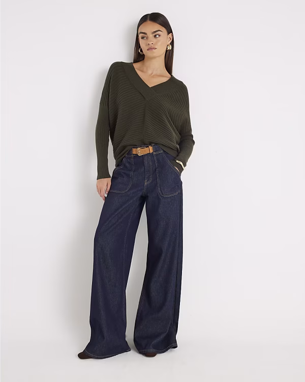 Khaki Knitted V Neck Ribbed Jumper