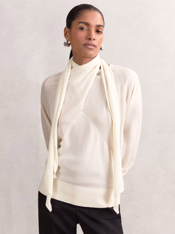 Alexis Wool Scarf-Tie Draped Jumper in Cream
