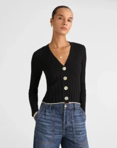 Tipped Ribbed V-Neck Cardigan
