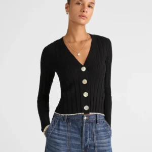 Tipped Ribbed V-Neck Cardigan