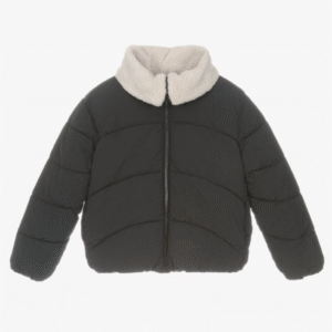Mayoral Girls Black Puffer Jacket with Faux Sheepskin Collar