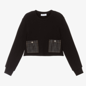 Elsy Girls Black Cotton Sweater with Denim Pockets