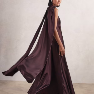 Fae Satin Cape Maxi Dress in Burgundy