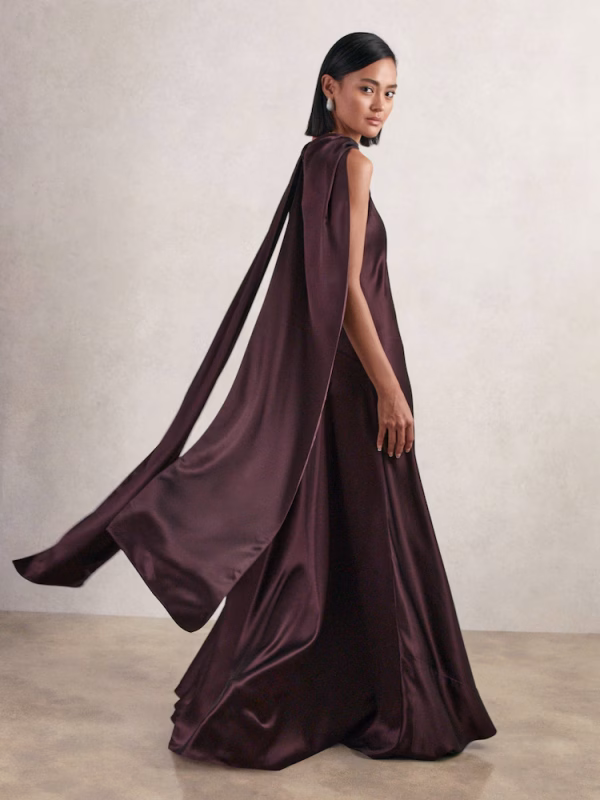 Fae Satin Cape Maxi Dress in Burgundy