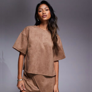 ASOS DESIGN faux suede boxy t-shirt in tobacco