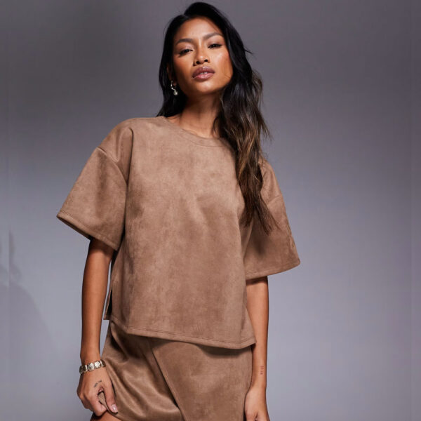 ASOS DESIGN faux suede boxy t-shirt in tobacco