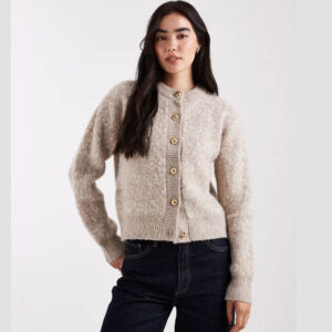ASOS DESIGN knit cardigan with gold buttons in bambi print
