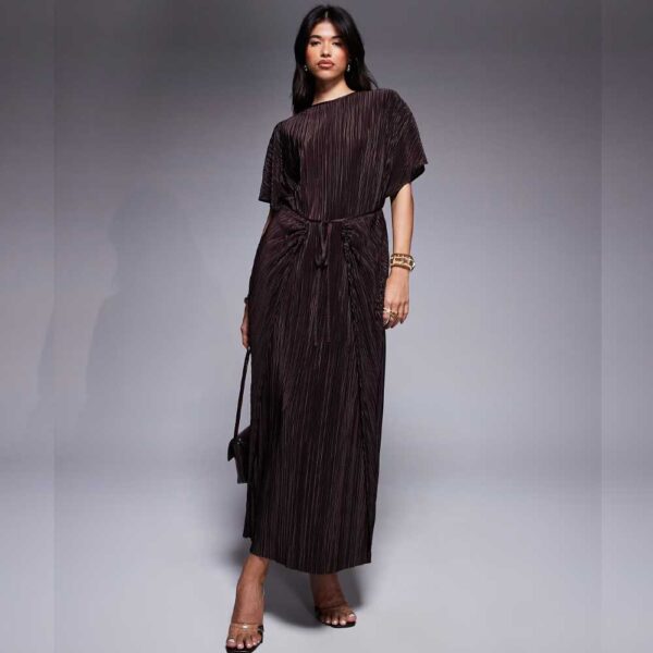 ASOS DESIGN plisse short sleeve wrap tie maxi dress
