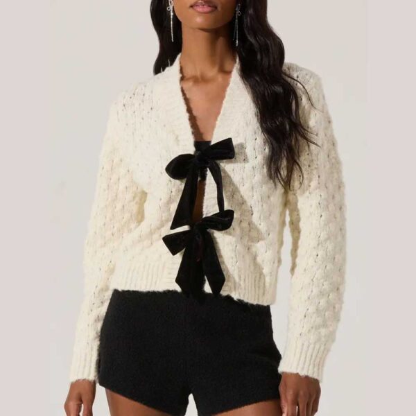 ASTR the Label Velvet Bow Cardigan Off White