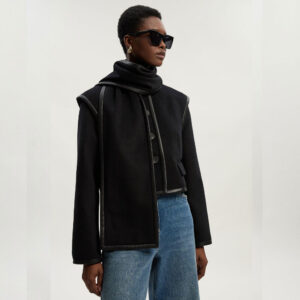 Brushed Wool Pu Mix Detachable Scarf Tailored Crop Coat