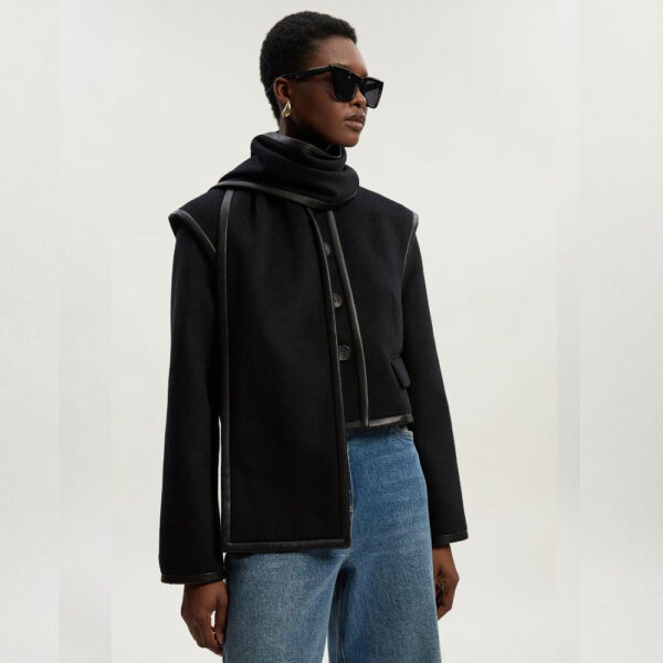 Brushed Wool Pu Mix Detachable Scarf Tailored Crop Coat