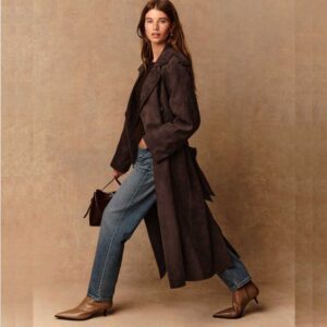 Chocolate Brown Faux Suede Trench Coat
