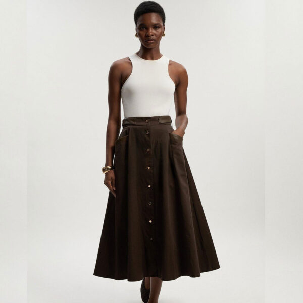Cotton & Faux Leather Tab Full Maxi Skirt chocolate
