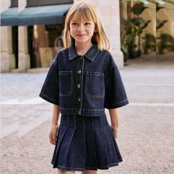 Dark Wash Denim Shirt and Pleated Skirt Set (3-16yrs)