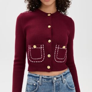 English Factory Stitch Detail Puff Sleeve Cardigan
