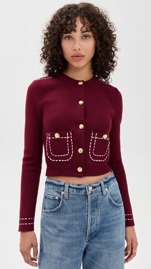 English Factory Stitch Detail Puff Sleeve Cardigan