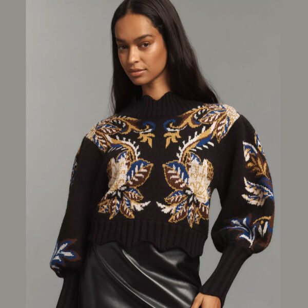 Farm Rio Arabesque Balloon-Sleeve Sweater