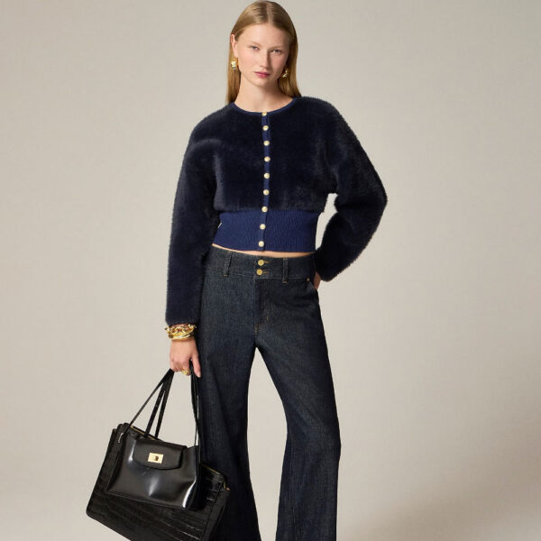 Fitted-waist cardigan in fuzzy yarn