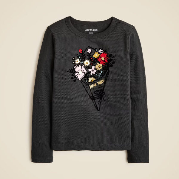 Girls' long-sleeve flower bouquet graphic T-shirt with velvet