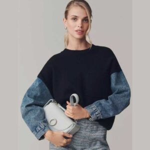 Grey Lab Crew-Neck Denim-Sleeve Mixed Media Sweater