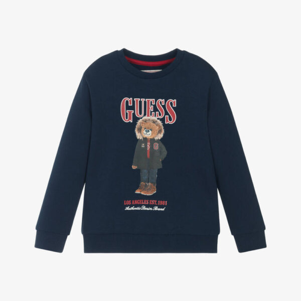 Guess Boys Navy Blue Cotton Teddy Bear Logo Sweatshirt