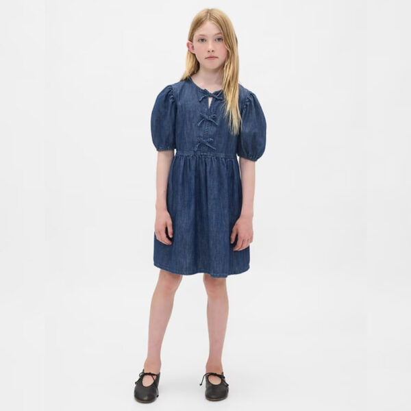 Kids Denim Puff-Sleeve Dress Medium Wash