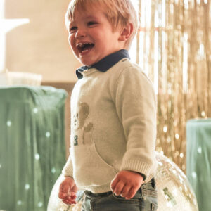 Mayoral Boys Beige Cotton & Wool Bear Sweater with Pouch Pocket