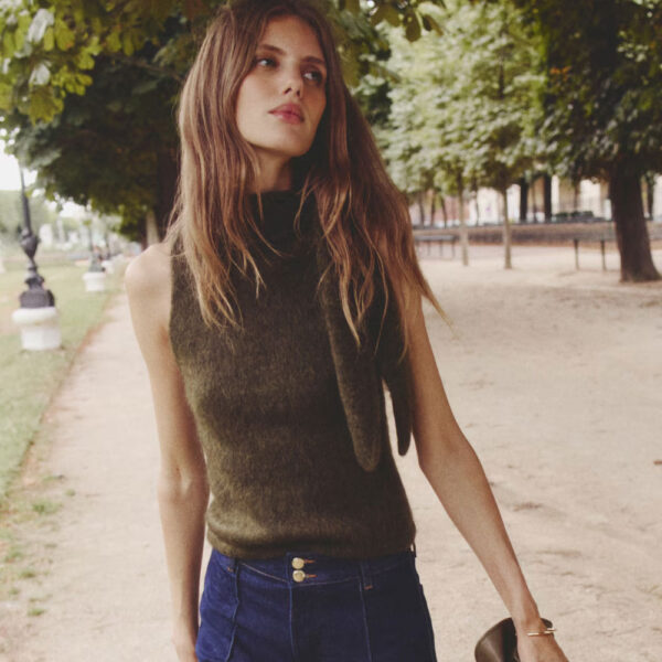 Mohair-Blend Scarf-Collar Top Dark khaki green