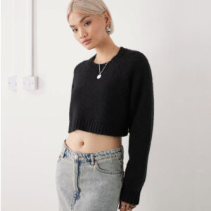 Monki open tie back wool blend knit sweater in black