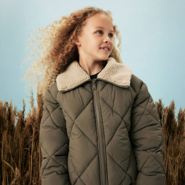 Girls Khaki Green Quilted Jacket with Sherpa Fleece Collar