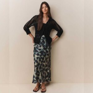 Neutral Smudge Satin Midi Skirt