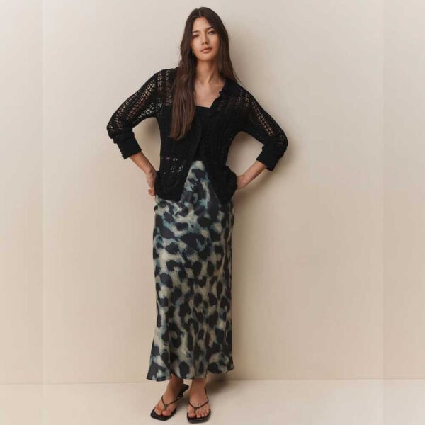 Neutral Smudge Satin Midi Skirt