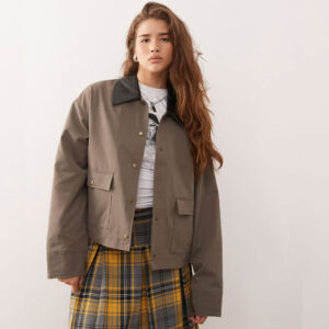 Noisy May jacket with cuff and collar detailing in brown