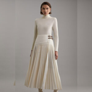 Tailored Crepe Pleated Buckle Detailed Maxi Skirt