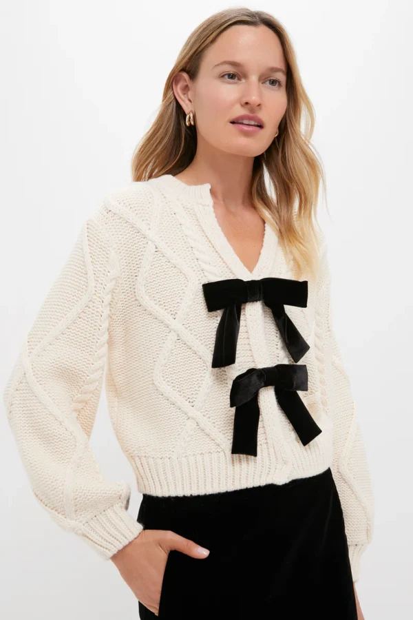 Hyacinth House Cream & Black Velvet Bows Bess Cardigan