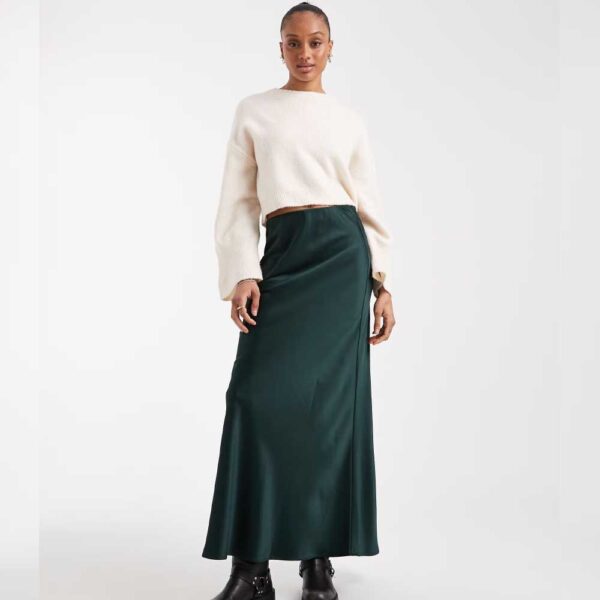 Vero Moda Tall satin bias cut midi skirt in emerald green