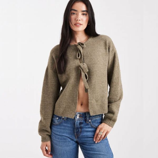 Vero Moda textured knit tie front cardigan in olive green
