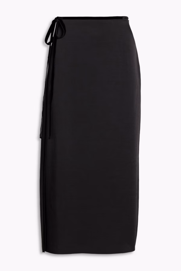 VINCE Wrap effect velvet trimmed satin crepe midi skirt