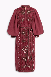 FARM RIO Embroidered striped cotton and linen-blend midi dress