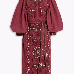 FARM RIO Embroidered striped cotton and linen-blend midi dress