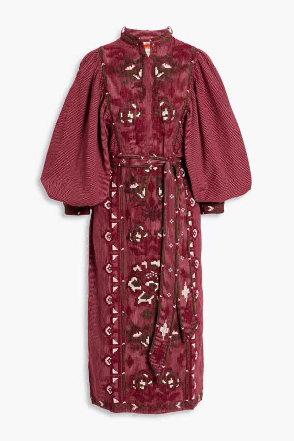 FARM RIO Embroidered striped cotton and linen-blend midi dress