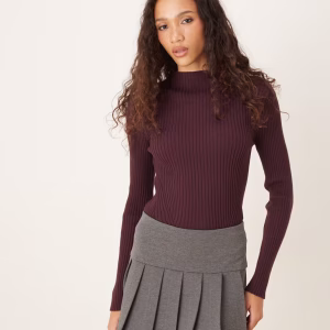 ASOS DESIGN placement rib knit high neck top in plum