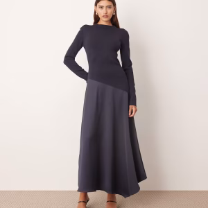 ARRANGE hybrid knit maxi dress with asymmetric skirt in navy