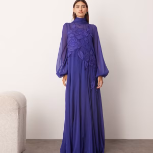 ARRANGE applique floral tie neck blouson sleeve trapeze maxi dress in cobalt blue
