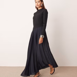 ARRANGE contrast fabric sculpted racer maxi dress with pleated skirt in navy/black