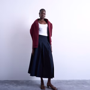 Topshop pleated midi skirt in navy with rust stripe