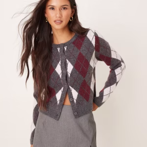 Glamorous argyle print cardigan in gray multi print