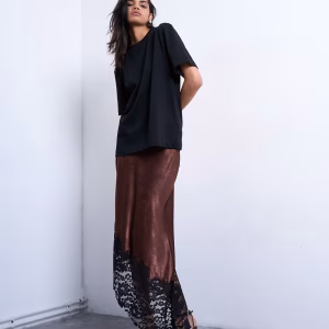 Topshop satin asymmetric lace hem maxi skirt in chocolate
